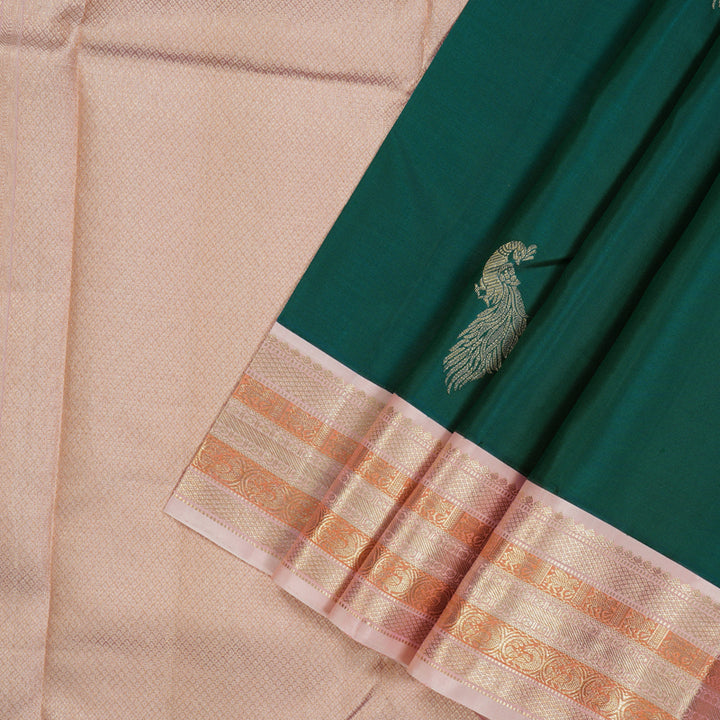 Hayagrivas Handloom Emerald Green Kanjivaram Silk Saree with Baby Pink Border KBE1606K32-1