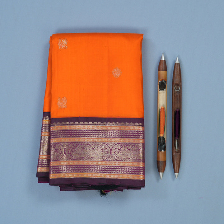 Hayagrivas Handloom Fanta Orange Kanjivaram Silk Saree with Deep Purple Border KBE1606K33-1