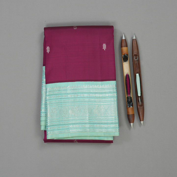 Hayagrivas Handloom Wine Purple Kanjivaram Silk Saree with Powder Blue border KBE1606K34-1