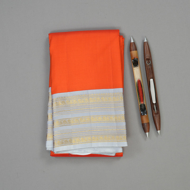 Hayagrivas Handloom Reddish Orange Kanjivaram Silk Saree with Light Grey border KBE1606K37-1
