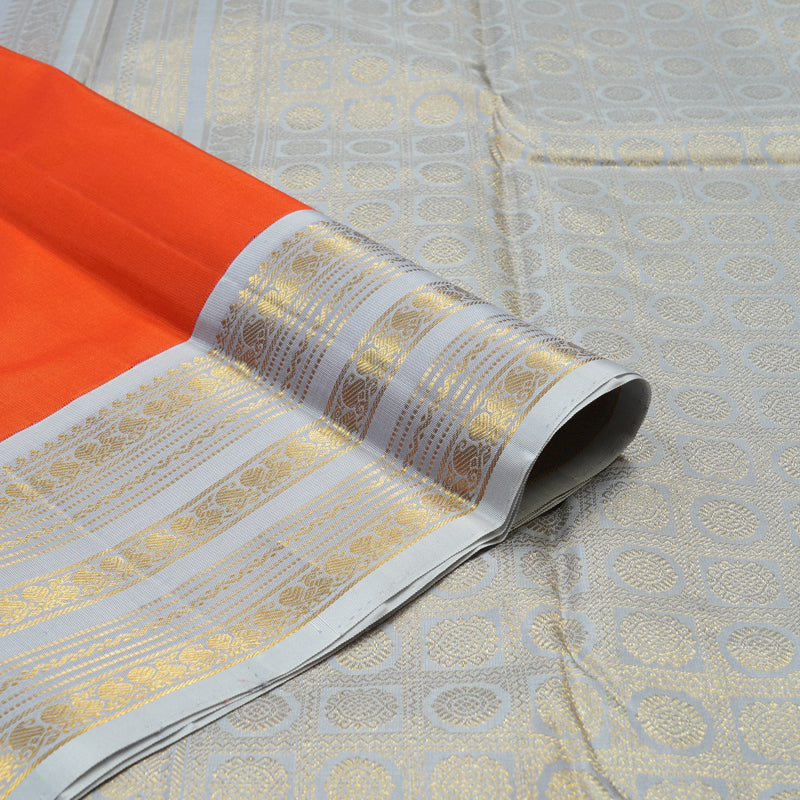 Hayagrivas Handloom Reddish Orange Kanjivaram Silk Saree with Light Grey border KBE1606K37-1