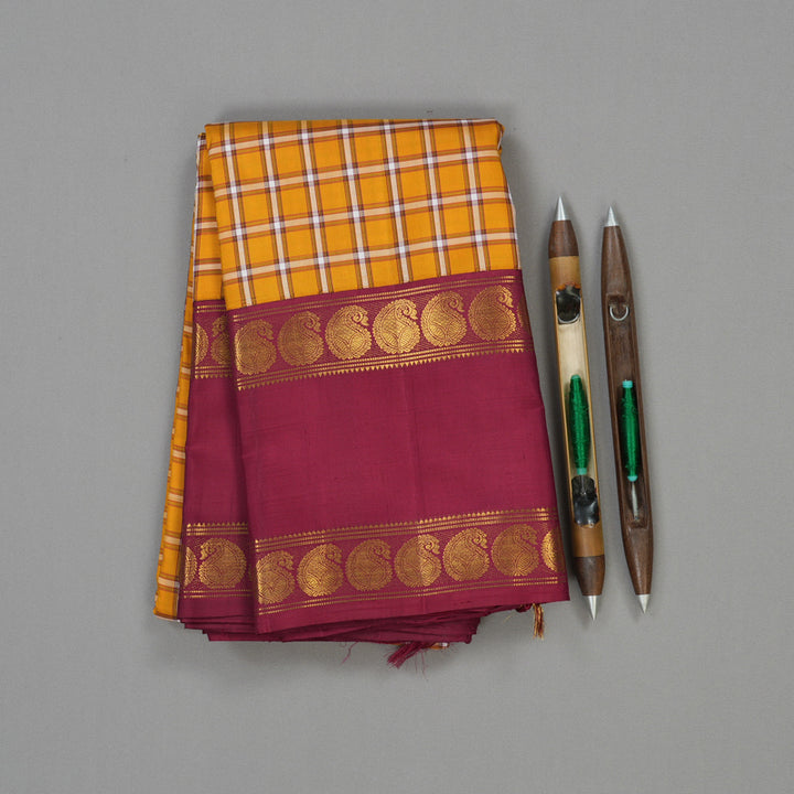 Hayagrivas Handloom Mustard Kanjivaram Silk Saree with Maroon Border KBE1606K7-1