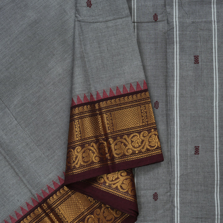 Hayagrivas Light Grey Pure Chettinad Cotton Saree with Wine Brown border KBE1612K1-7