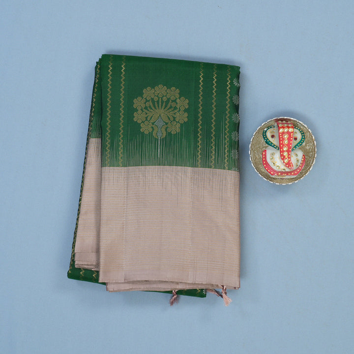 Hayagrivas Handloom Dark Green Kanjivaram Silk Saree with Onion Pink Border KBE1620K6-1