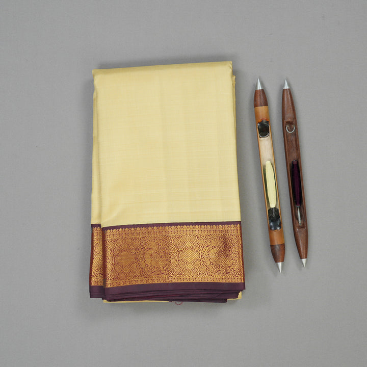 Hayagrivas Handloom Sandal Beige Kanjivaram Silk Saree with Wine Maroon Border KBE1621K1-1