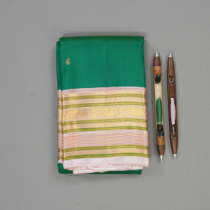 Hayagrivas Handloom Peacock Green Kanjivaram Silk Saree with Baby Pink border KBE1624K13-1