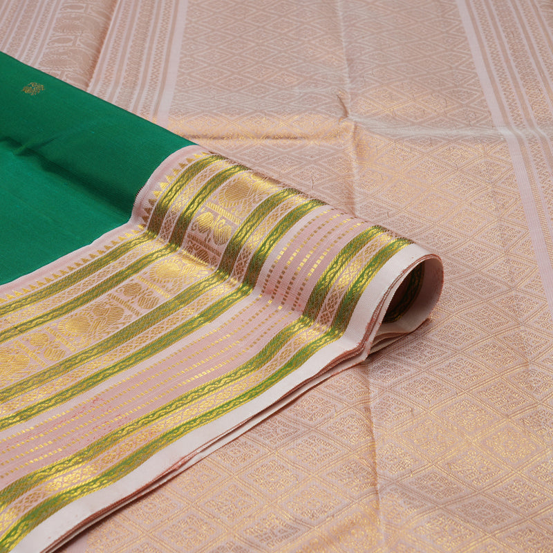 Hayagrivas Handloom Peacock Green Kanjivaram Silk Saree with Baby Pink border KBE1624K13-1