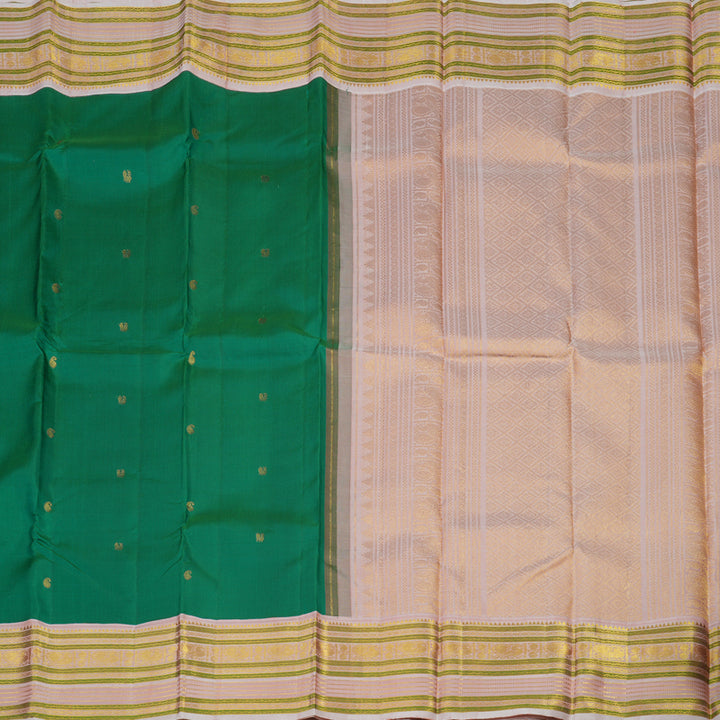 Hayagrivas Handloom Peacock Green Kanjivaram Silk Saree with Baby Pink border KBE1624K13-1
