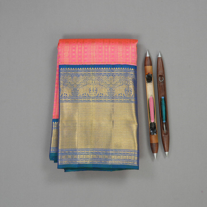 Hayagrivas Handloom Bright Pink Kanjivaram Silk Saree with Mayilkazhuthu border KBE1625K18-1