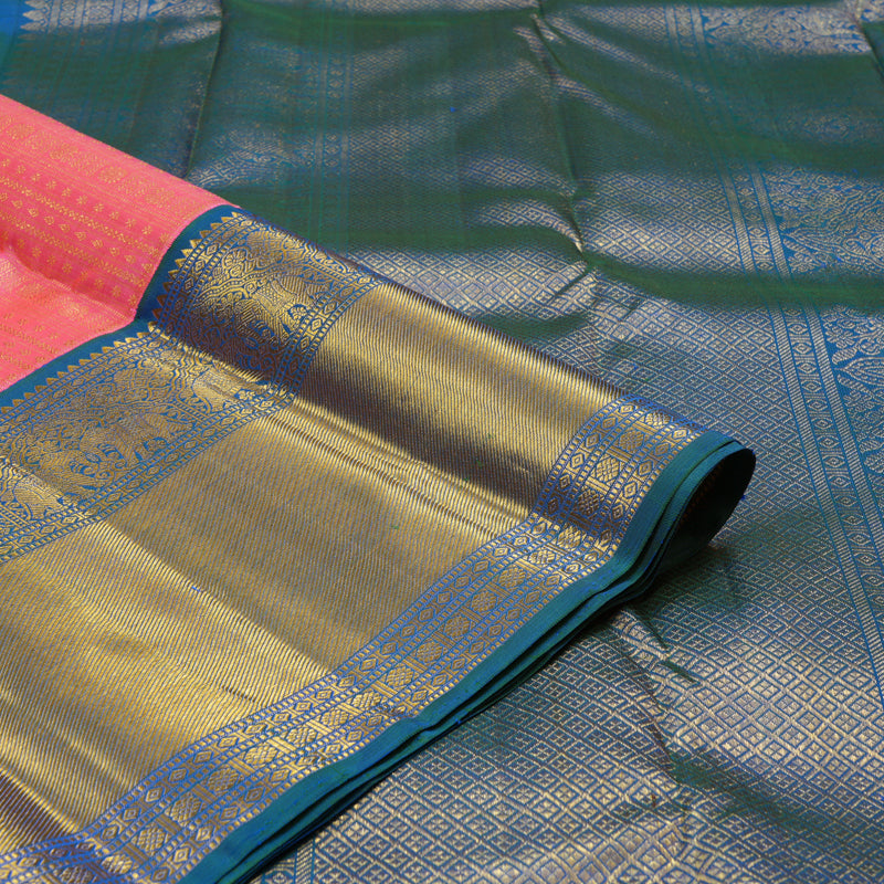 Hayagrivas Handloom Bright Pink Kanjivaram Silk Saree with Mayilkazhuthu border KBE1625K18-1