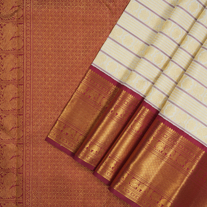 Hayagrivas Handloom Half White Kanjivaram Silk Saree with Maroon border KBE1625K20-1