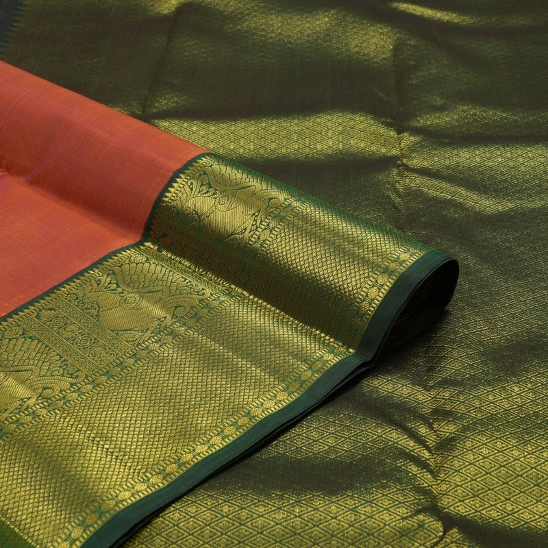 Hayagrivas Handloom Rust Orange Kanjivaram Silk Saree with Bottle Green Border KBE1631K5-1