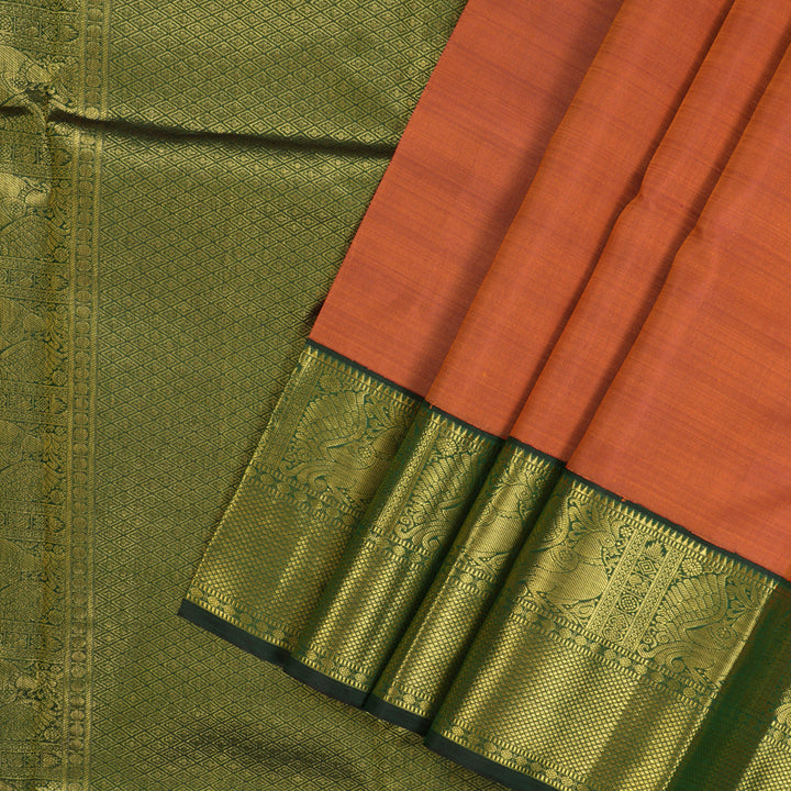 Hayagrivas Handloom Rust Orange Kanjivaram Silk Saree with Bottle Green Border KBE1631K5-1