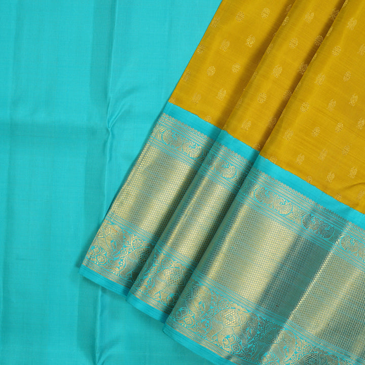 Hayagrivas Handloom Sampanga Yellow Kanjivaram Pattu Pavadai with Sky Blue border KBE1637K4-1