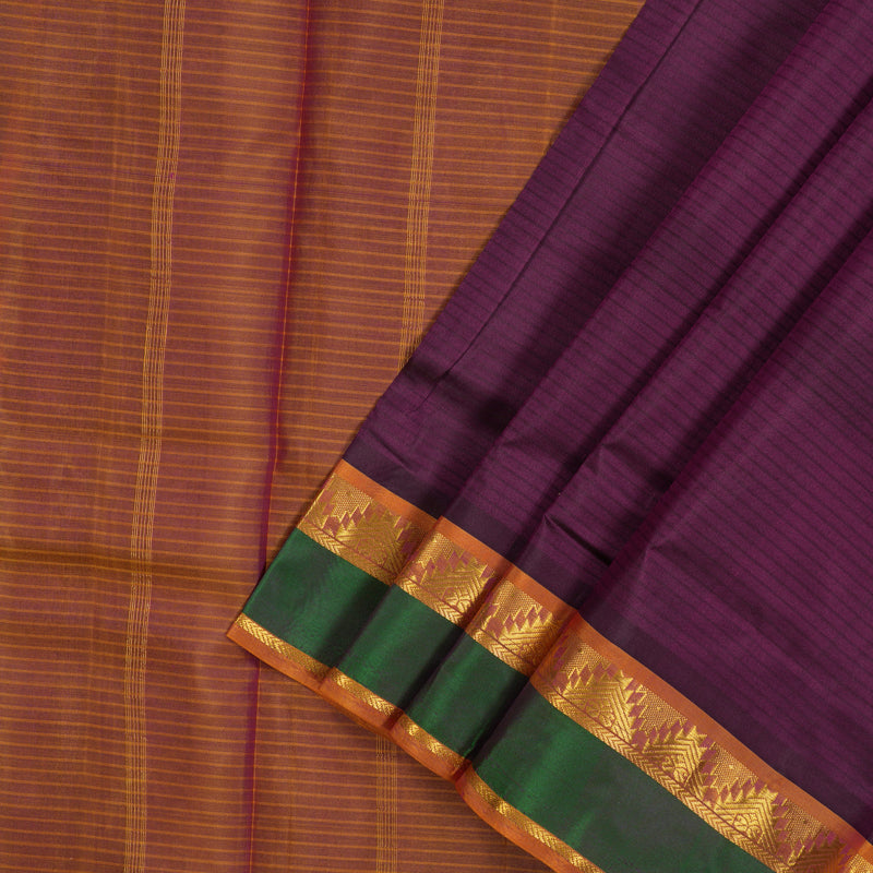 Hayagrivas Deep Violet Pure Ten Yards Silk Saree with Golden Orange border KBE1638K3-10