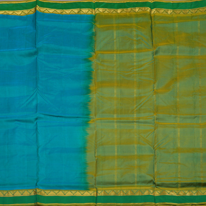 Hayagrivas Blue-Green Pure Ten Yards Silk Saree with Leaf Green border KBE1638K3-12