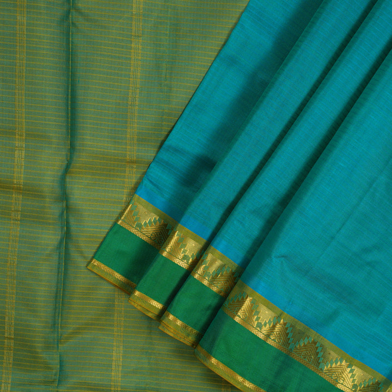 Hayagrivas Blue-Green Pure Ten Yards Silk Saree with Leaf Green border KBE1638K3-12