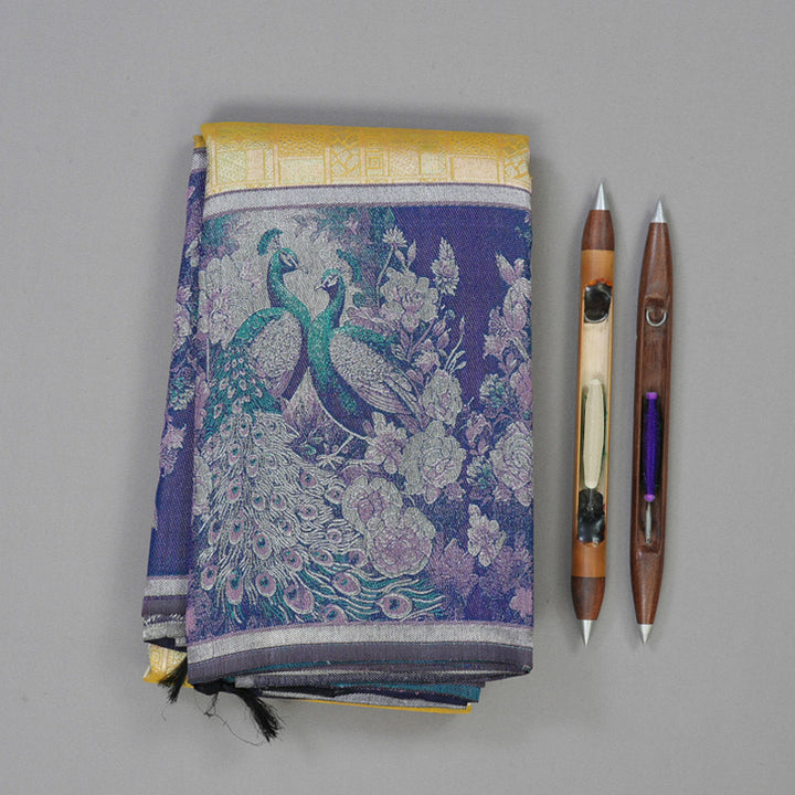 Hayagrivas Handloom Mild Yellow Kanjivaram Silk Saree with Dark Blue Border KBE1639K2-2