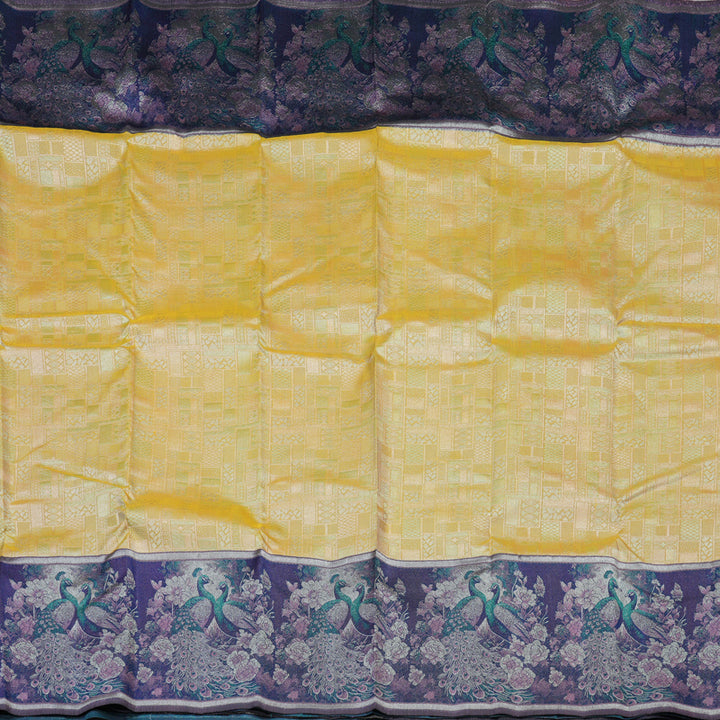 Hayagrivas Handloom Mild Yellow Kanjivaram Silk Saree with Dark Blue Border KBE1639K2-2