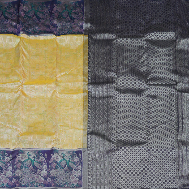 Hayagrivas Handloom Mild Yellow Kanjivaram Silk Saree with Dark Blue Border KBE1639K2-2
