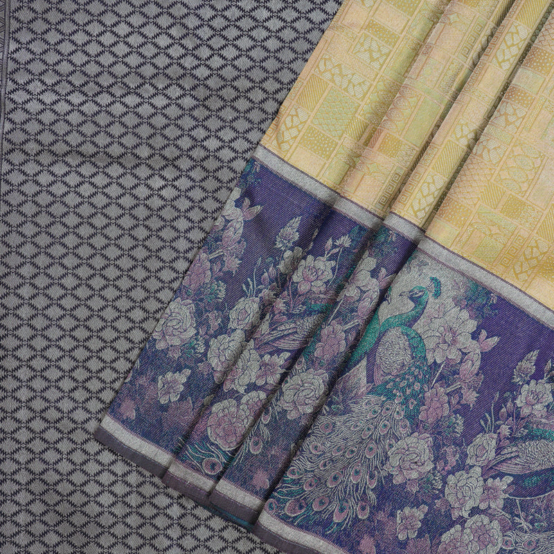 Hayagrivas Handloom Mild Yellow Kanjivaram Silk Saree with Dark Blue Border KBE1639K2-2