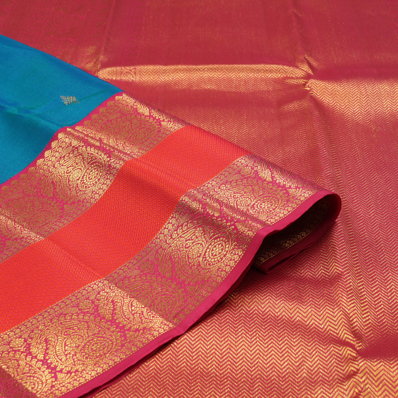Hayagrivas Peacock Blue Handloom Kanjivaram Silk Saree with Dark Pink Border KBE163D6-4