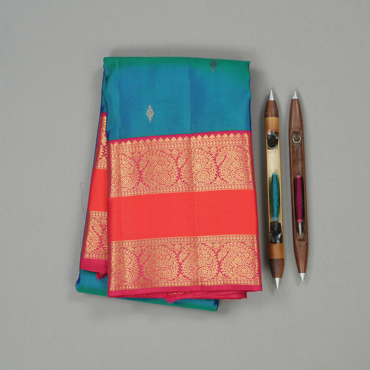 Hayagrivas Peacock Blue Handloom Kanjivaram Silk Saree with Dark Pink Border KBE163D6-4