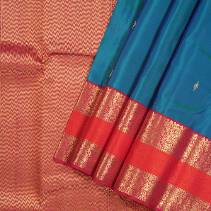 Hayagrivas Peacock Blue Handloom Kanjivaram Silk Saree with Dark Pink Border KBE163D6-4