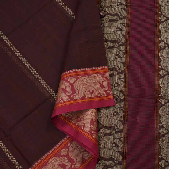Hayagrivas Handloom Pure Cotton Saree in Graceful Dark Brown KBE164D20-2
