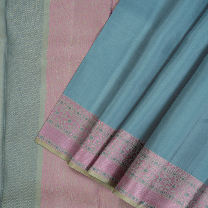 Hayagrivas Handloom Bluish-Grey Kanjivaram Silk Saree with Cream Beige Border KBE1651K1-2
