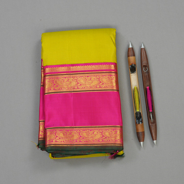 Hayagrivas Handloom Lime Green Kanjivaram Silk Saree with Rani Pink border KBE1654K1-6