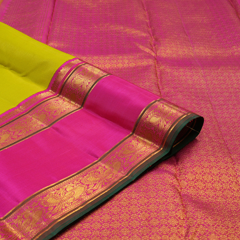 Hayagrivas Handloom Lime Green Kanjivaram Silk Saree with Rani Pink border KBE1654K1-6