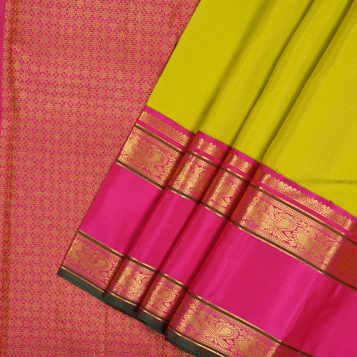 Hayagrivas Handloom Lime Green Kanjivaram Silk Saree with Rani Pink border KBE1654K1-6