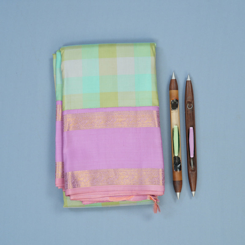 Hayagrivas Handloom Pastel Checks Kanjivaram Silk Saree with Lavendar Border KBE1666K14-1