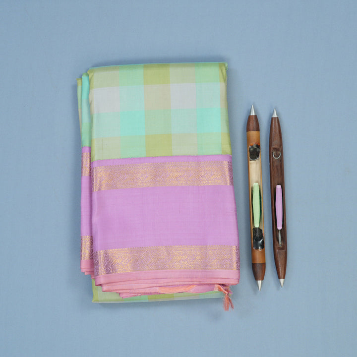 Hayagrivas Handloom Pastel Checks Kanjivaram Silk Saree with Lavendar Border KBE1666K14-1