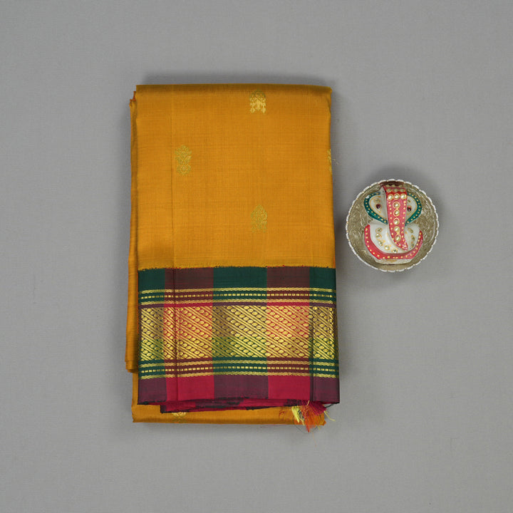 Hayagrivas Turmeric Yellow Pure One-sided Border Kanjivaram Silk saree KBE1671K1-5