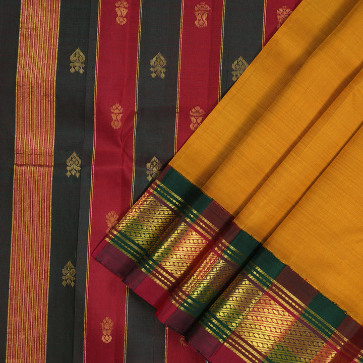 Hayagrivas Turmeric Yellow Pure One-sided Border Kanjivaram Silk saree KBE1671K1-5