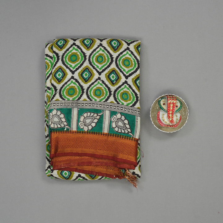 Hayagrivas Beige & Green Kalamkari Cotton Saree KBE1690K3-25