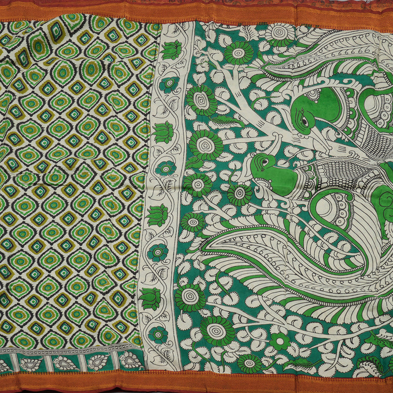Hayagrivas Beige & Green Kalamkari Cotton Saree KBE1690K3-25
