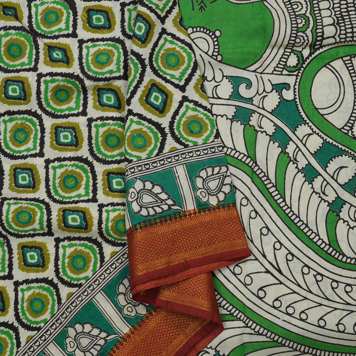 Hayagrivas Beige & Green Kalamkari Cotton Saree KBE1690K3-25