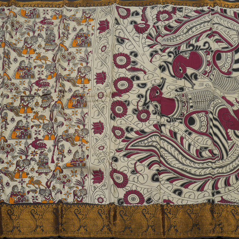 Hayagrivas Beige Kalamkari Cotton Saree KBE1690K4-1