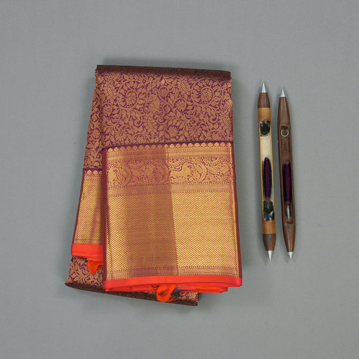 Hayagrivas Handloom Plum Purple Kanjivaram Silk Saree with Orangish Pink Selvedge KBE1691K11-3