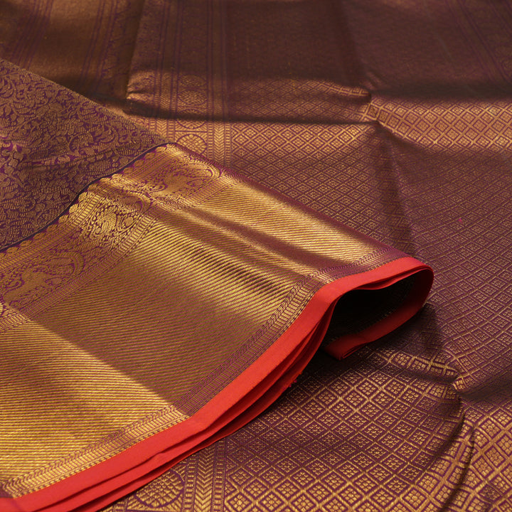 Hayagrivas Handloom Plum Purple Kanjivaram Silk Saree with Orangish Pink Selvedge KBE1691K11-3