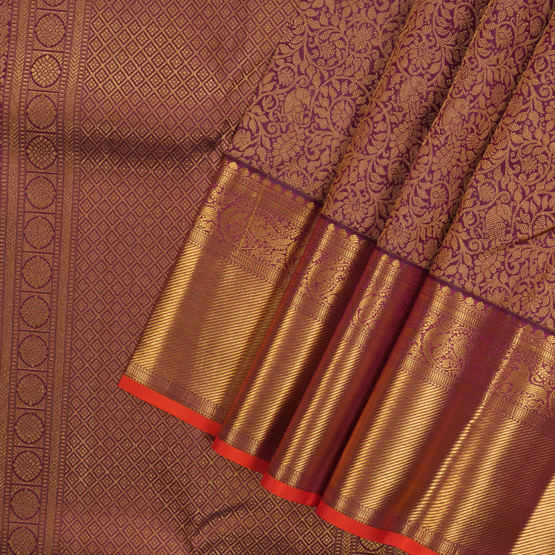 Hayagrivas Handloom Plum Purple Kanjivaram Silk Saree with Orangish Pink Selvedge KBE1691K11-3
