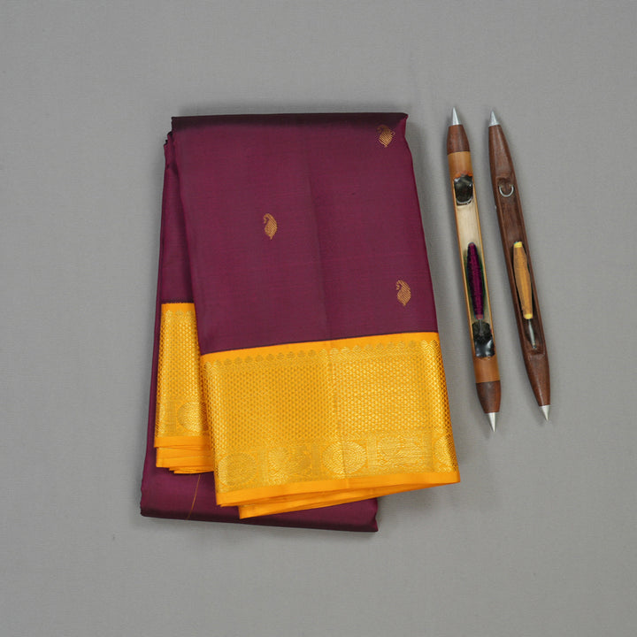 Hayagrivas Handloom Wine Magenta Kanjivaram Silk Saree with Mango Yellow Border KBE1691K12-1