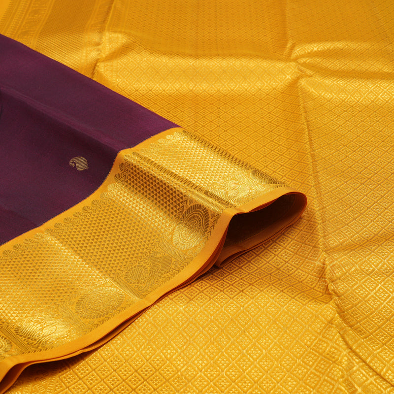 Hayagrivas Handloom Wine Magenta Kanjivaram Silk Saree with Mango Yellow Border KBE1691K12-1