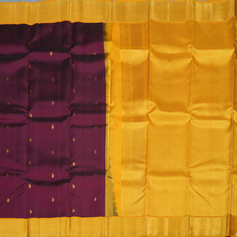 Hayagrivas Handloom Wine Magenta Kanjivaram Silk Saree with Mango Yellow Border KBE1691K12-1