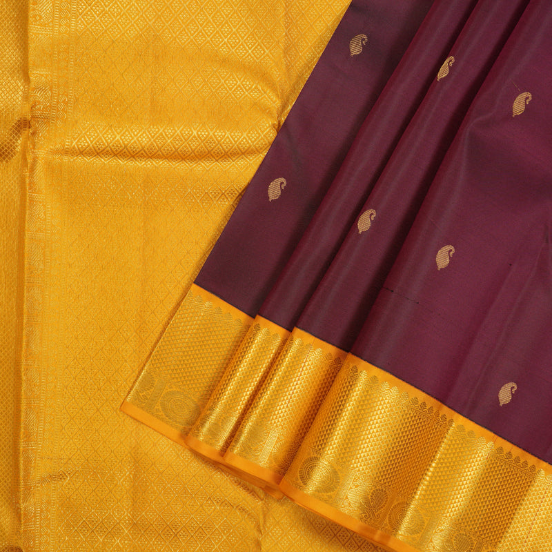 Hayagrivas Handloom Wine Magenta Kanjivaram Silk Saree with Mango Yellow Border KBE1691K12-1