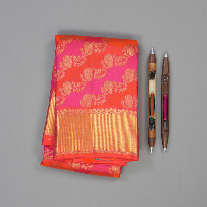 Hayagrivas Handloom Pink & Orange Kanjivaram Silk Saree with Orangish-Pink Border KBE1036I13-13