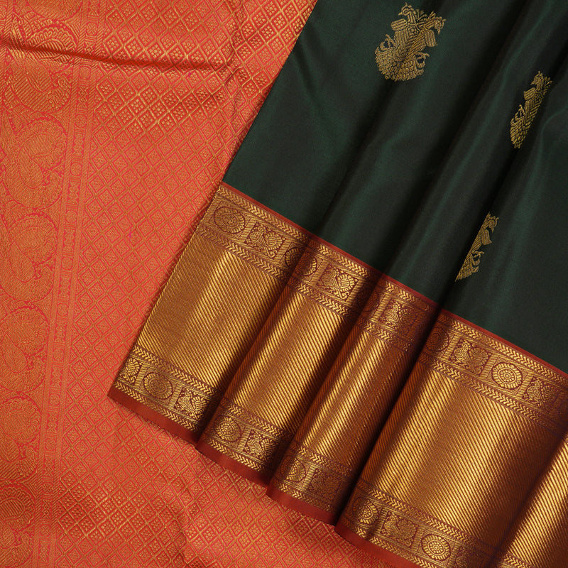 Hayagrivas Handloom Karum Pachai Kanjivaram Silk Saree with Rust Orange border KBE1691K3-4